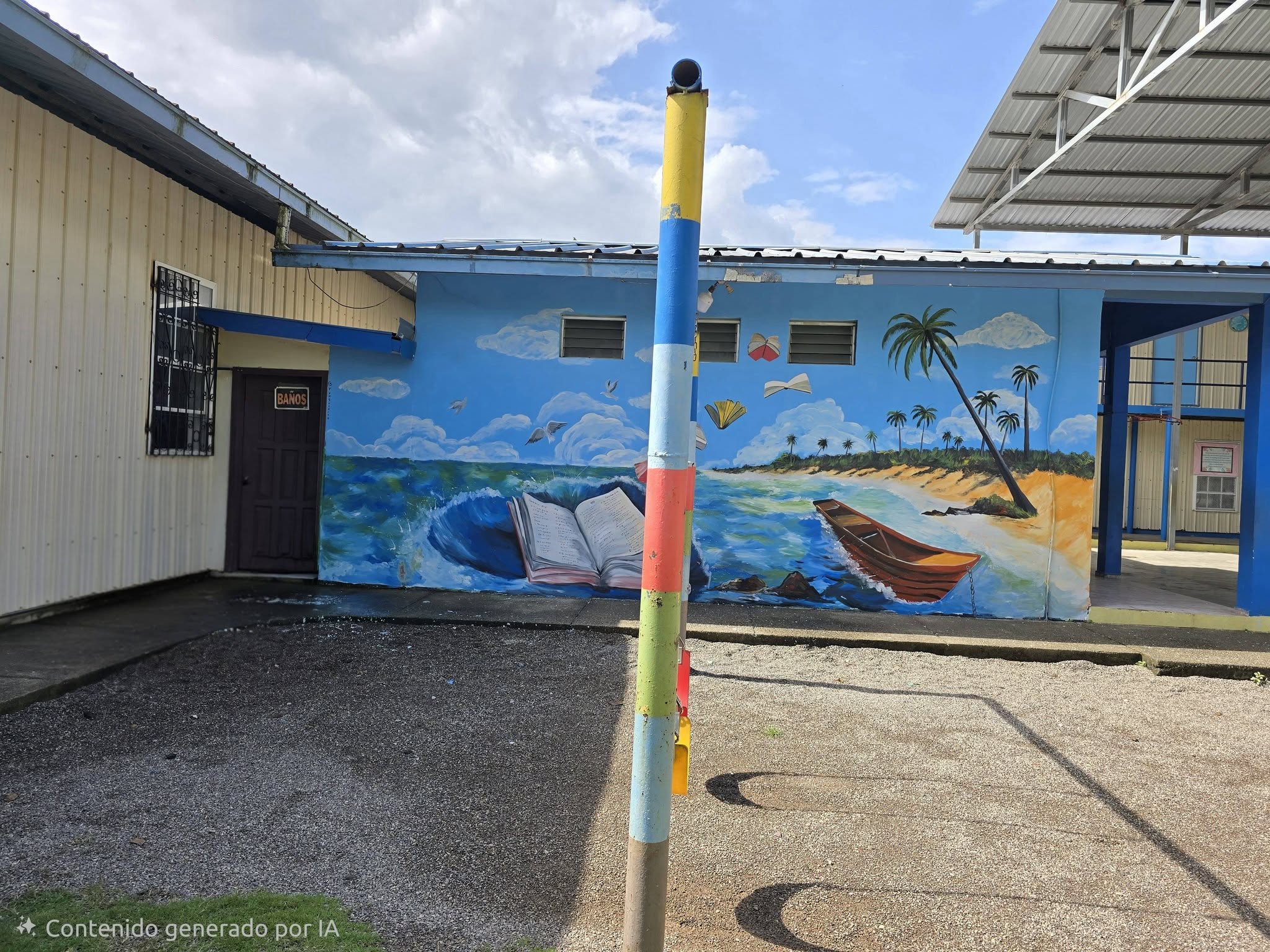 Pasillo del colegio con mural de paisaje costero